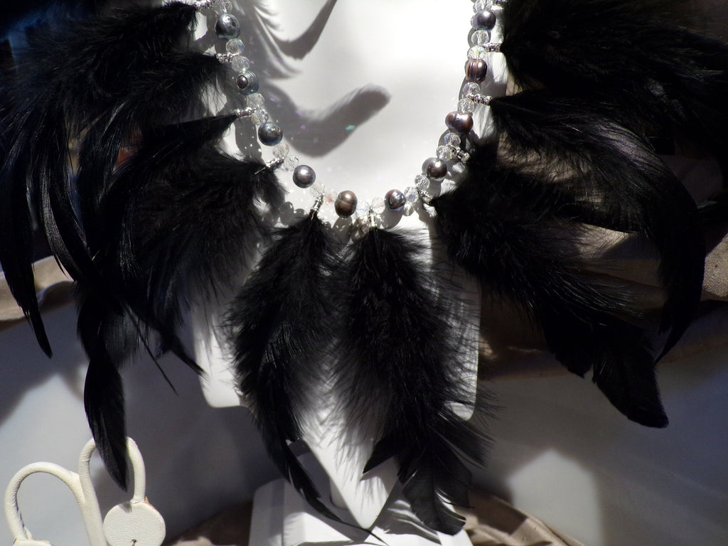 Raven at  night.....Black feathered jewelry suite