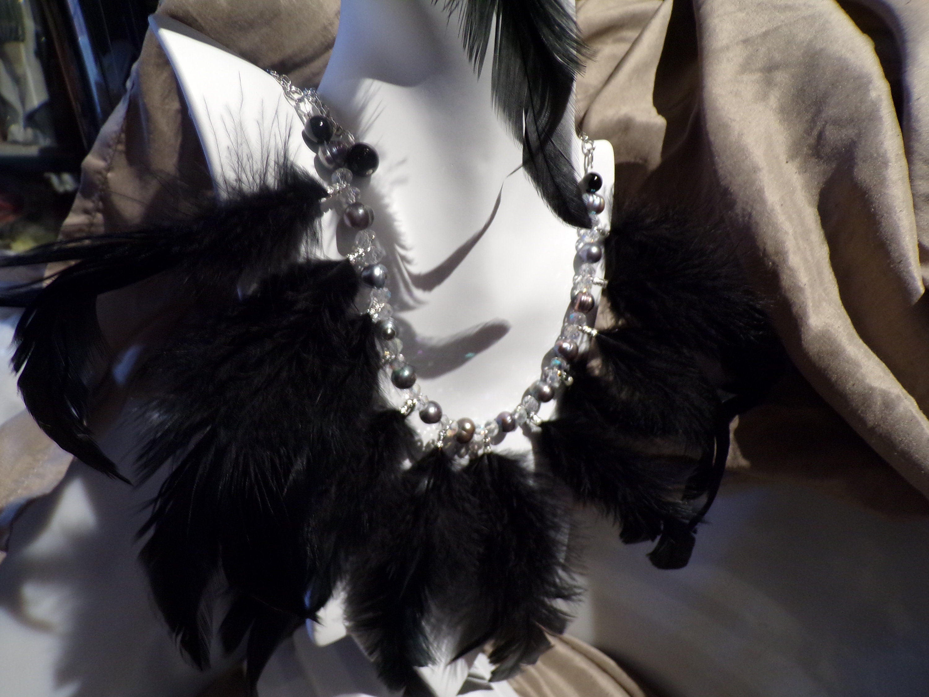 Raven at  night.....Black feathered jewelry suite