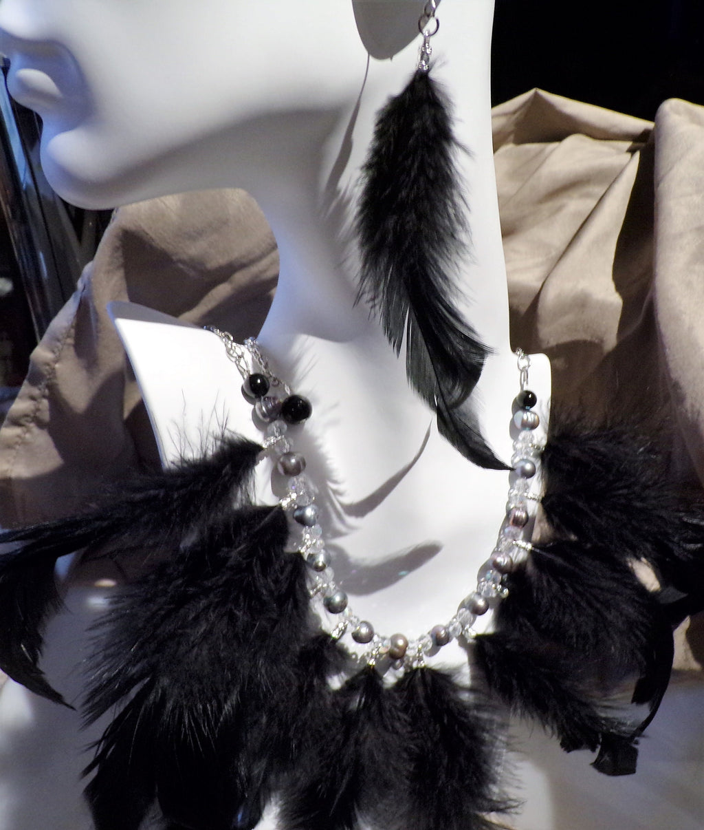 Raven at  night.....Black feathered jewelry suite