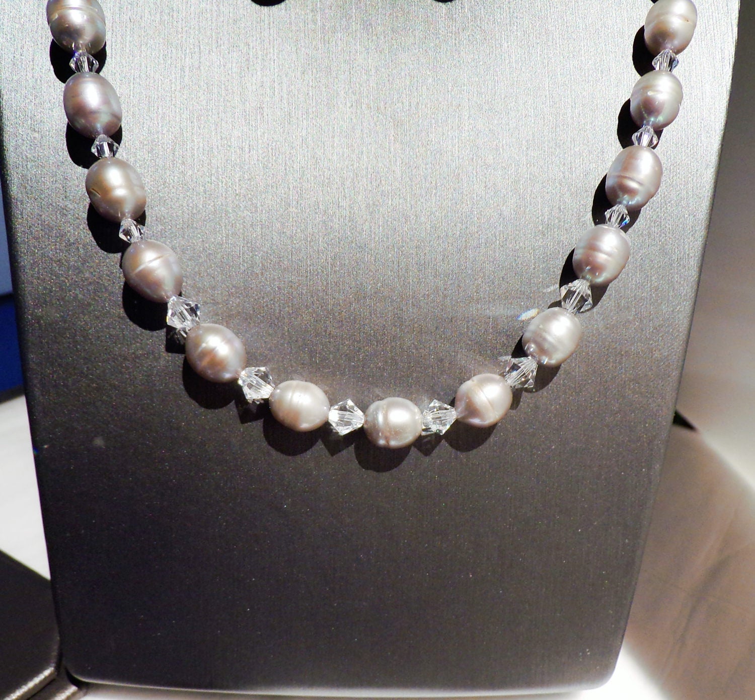 Silvery Grey Fresh Water Pearls and Sparkly Crystals. ADJUSTABLE