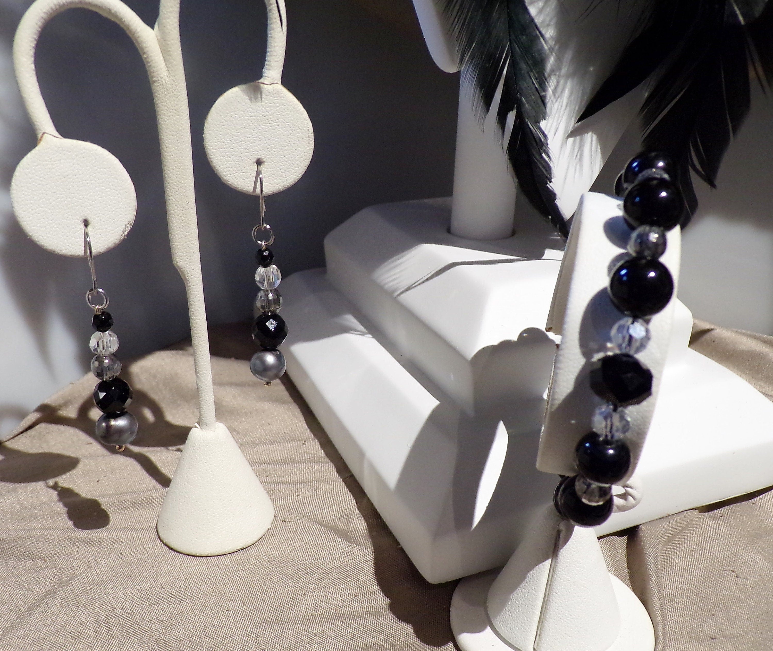 Raven at  night.....Black feathered jewelry suite